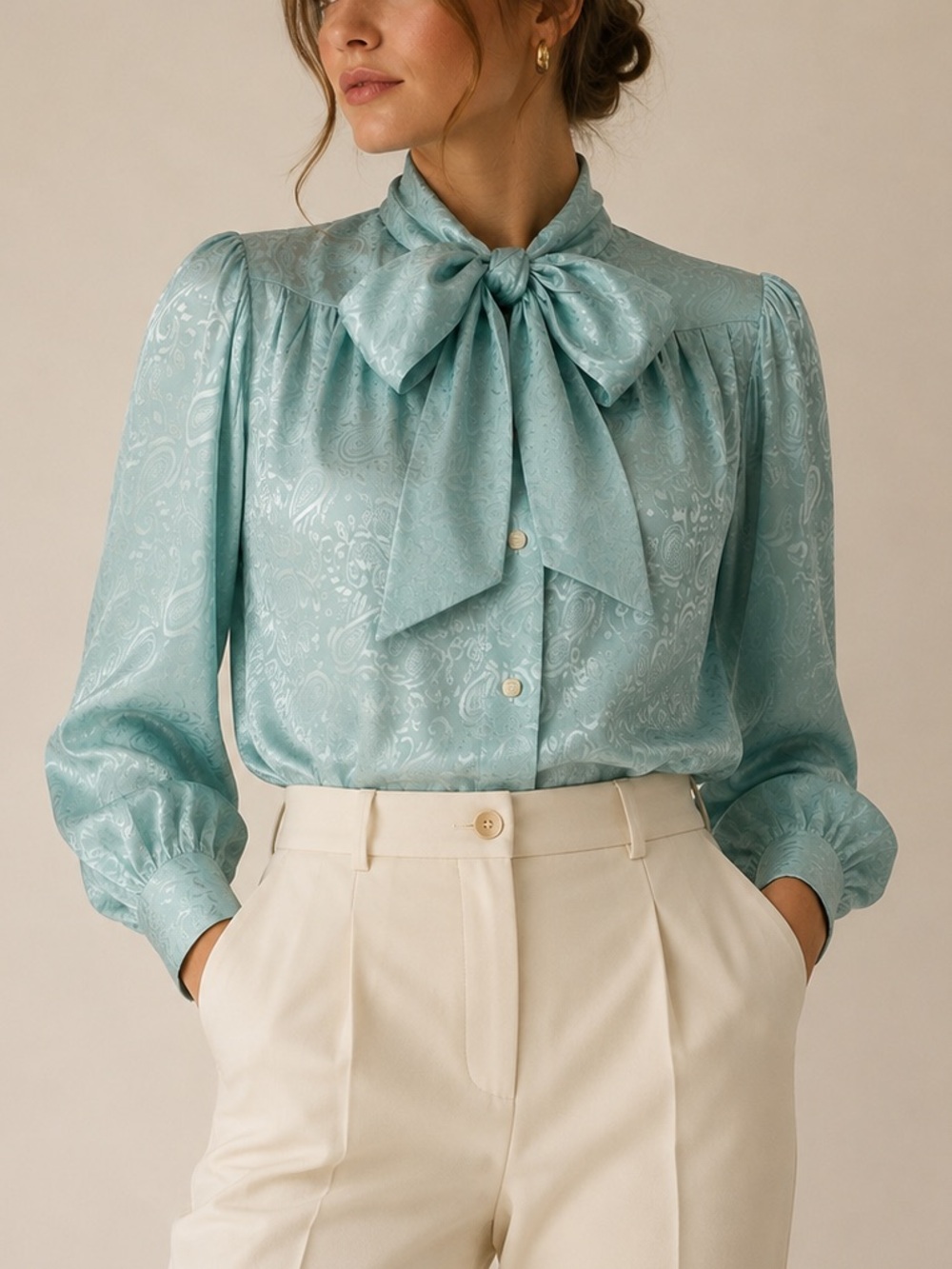 Vintage CHAUS Aqua Paisley Bow Secretary Blouse